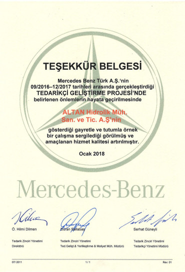 Altan Hidrolik, Mercedes-Benz’den Teşekkür Belgesi aldı