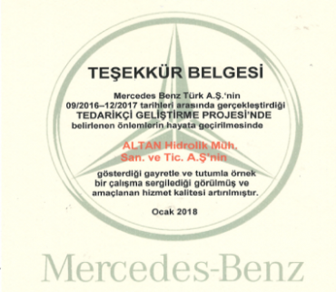 Mercedes-Benz Teşekkür Belgesi